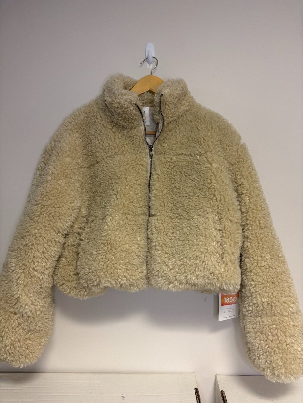 Cali 1850 LA Oatmeal Cream Soft Sherpa Teddy Coat Zip Up Cropped Bomber Jacket M